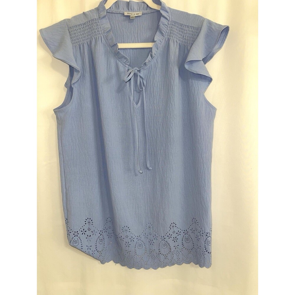 Floral & Ivy Shirt Flitter Sleeve Rouched Eyelet Tie Neck Blue Women’s Size L - Picture 7 of 11